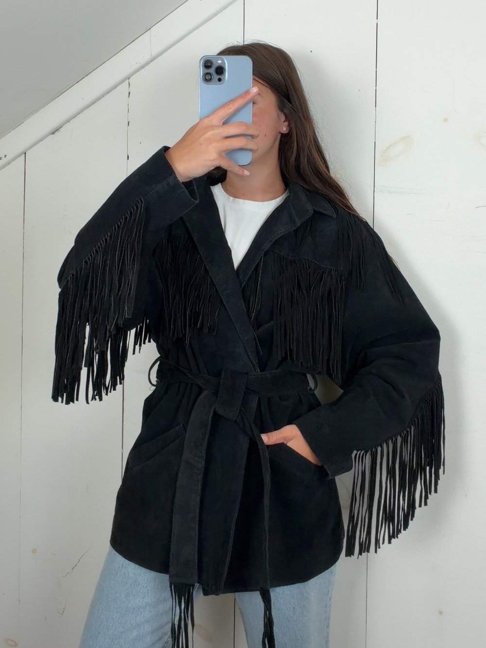 Vintage Black Suede Leather Western Fringe Open Front Belted Jacket Women’s M